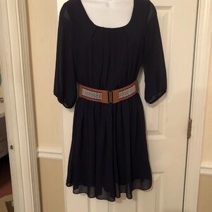 by & by Navy Dress with Brown Belt